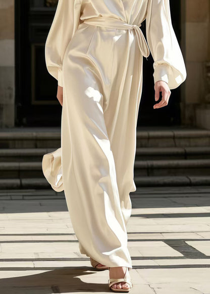 Milk White Notched Tie Waist Silk Overalls Jumpsuit Spring