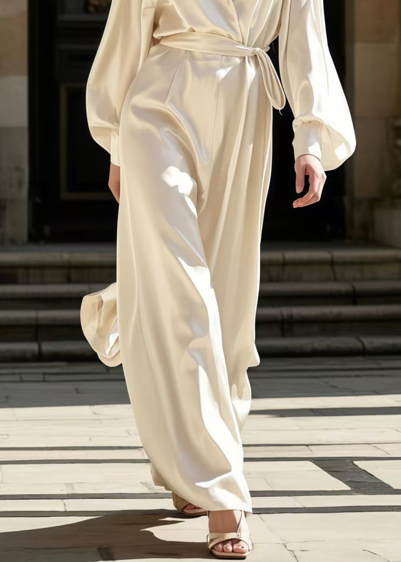 Milk White Notched Tie Waist Silk Overalls Jumpsuit Spring