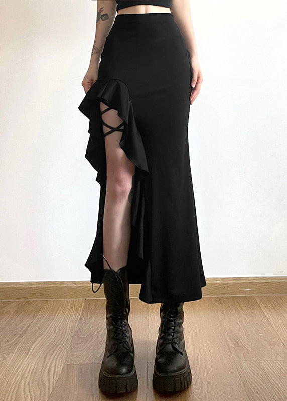 Black Ruffled Patchwor Side Open Fishtail Skirt Summer