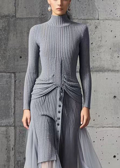 Diy Grey High Neck Patchwork Tulle Sweater Dress Winter