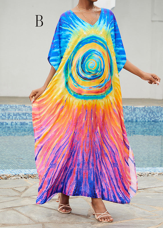 V Neck Print Side Open Cotton Long Dress Summer