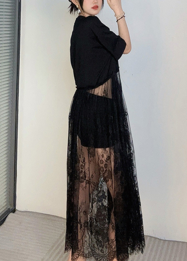 Black Oversized Patchwork Lace Robe Dresses Summer