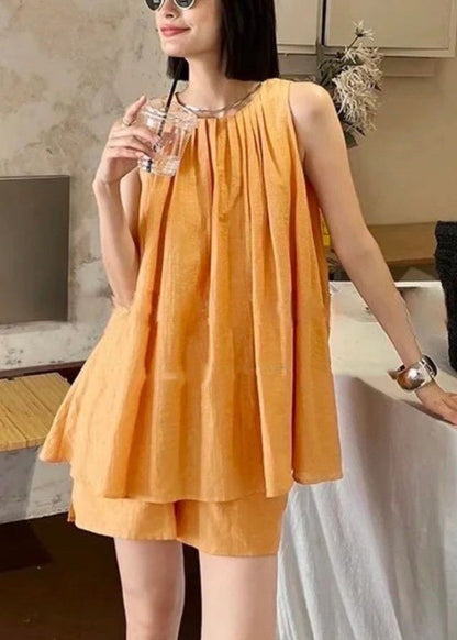 French Orange O-neck Vest and Shorts Two Pieces Set Summer