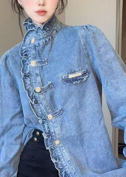 Blue Ruffled Button Patchwork Cotton Shirt Top Fall