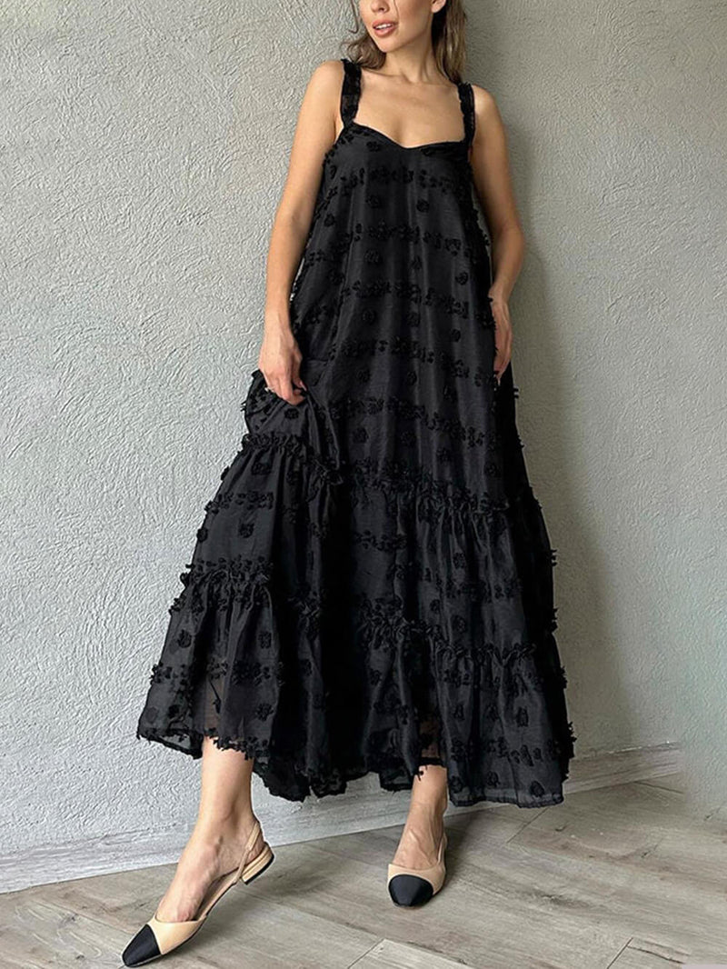 Flower Decor A-line Layered Loose Maxi Dress