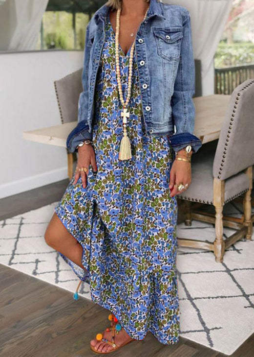 Blue V Neck Print Cotton Spaghetti Strap Dress Summer