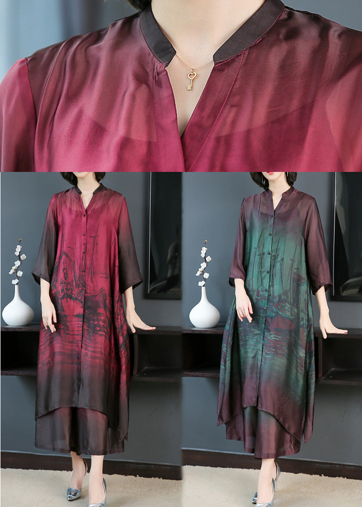 Red V Neck Print Silk Long Shirt Dress and Pants Two Pieces Set Summer