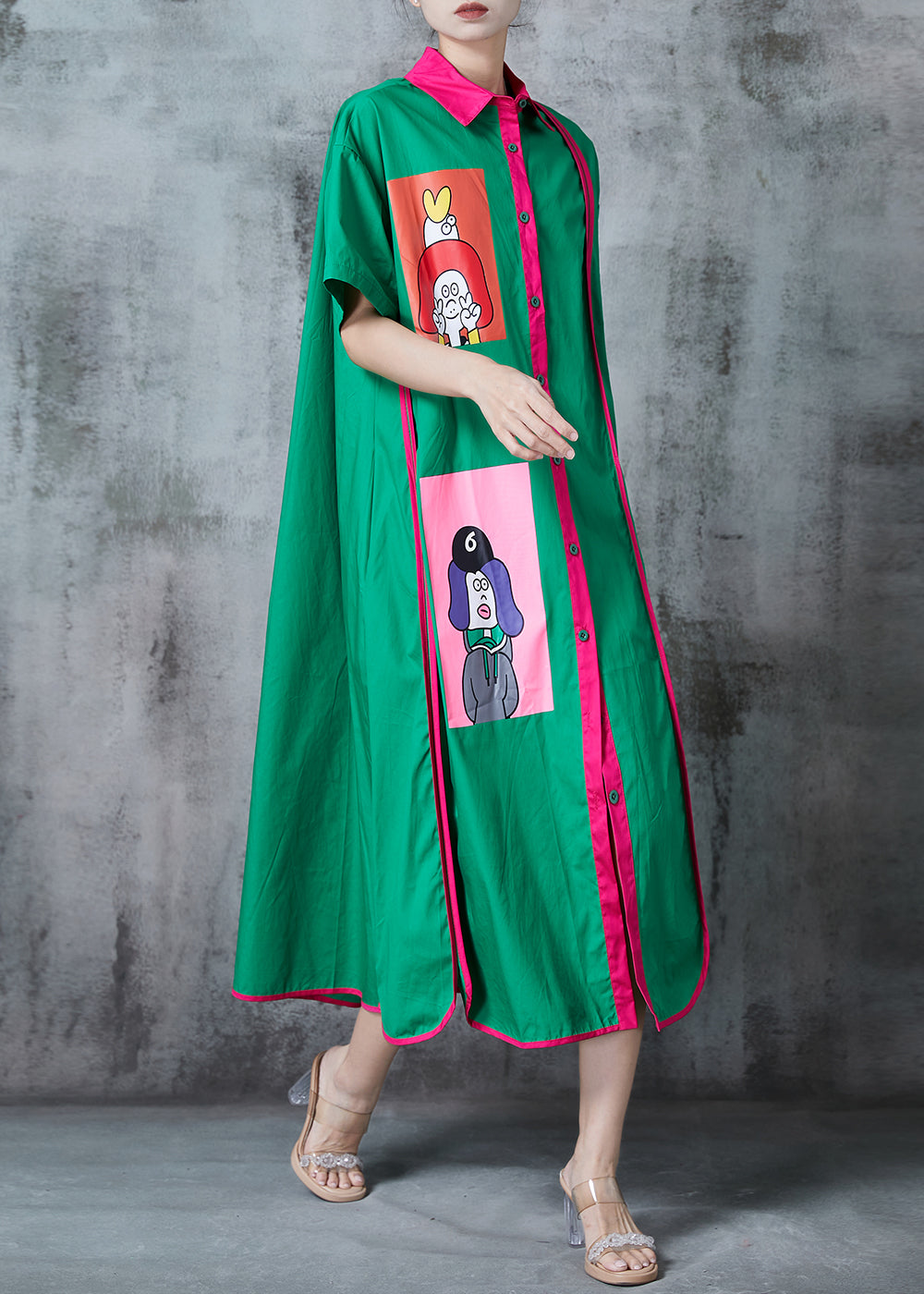 Green Patchwork Cotton a Line Dresses Applique Summer