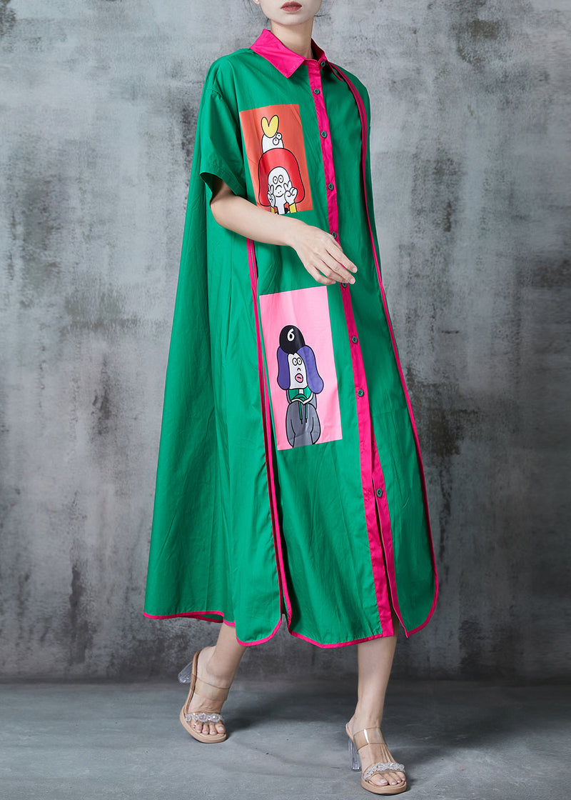 Green Patchwork Cotton a Line Dresses Applique Summer