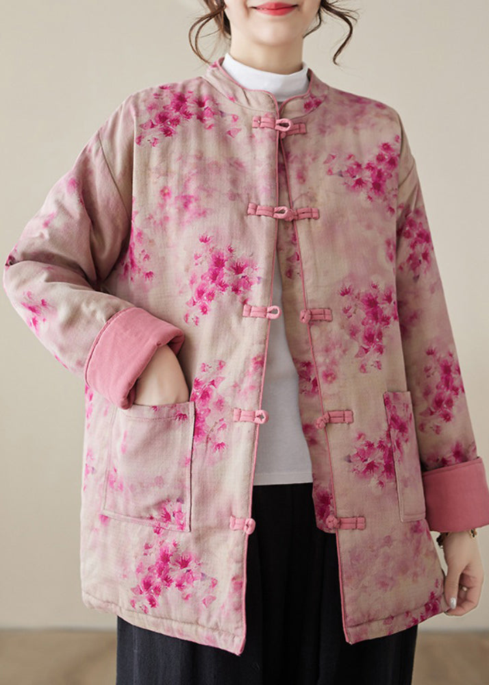 Pink Print Button Pockets Cotton Filled Parkas Winter