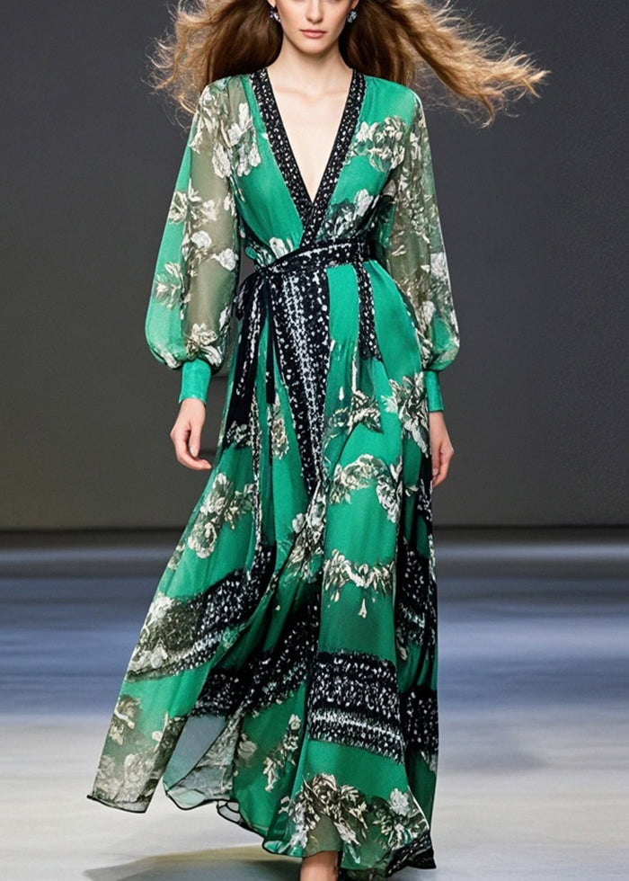 Peacock Green Cinched Print Chiffon Maxi Dresses Fall