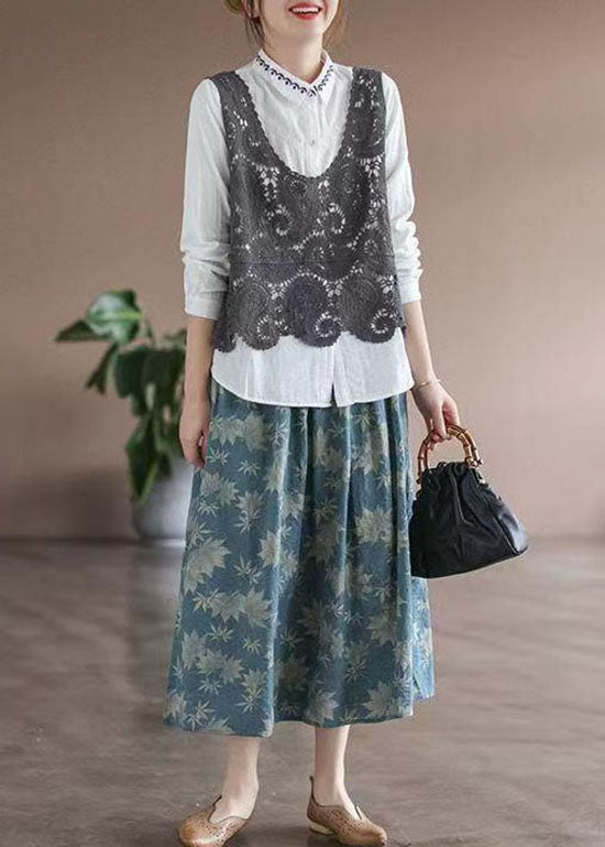 Blue Wrinkled Elastic Waist Patchwork Cotton Skirts Summer