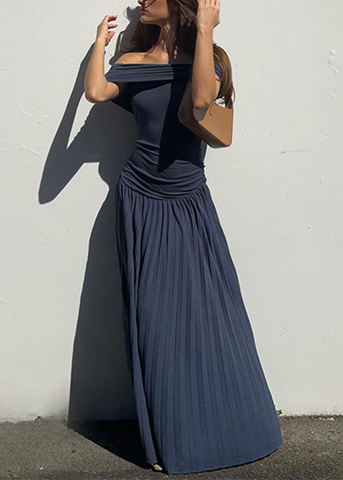 Navy Wrinkled Long Dresses Slash Neck Summer