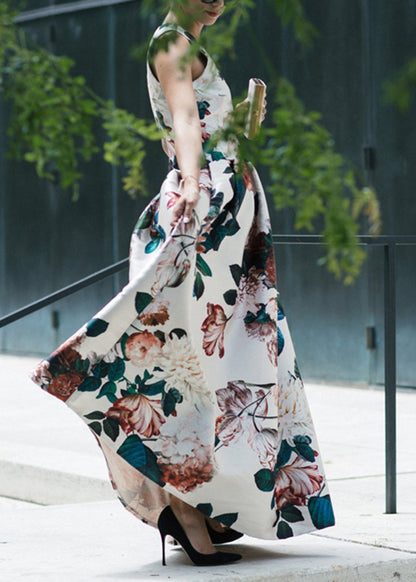 Stylish White V Neck Print Wrinkled Cotton Long Dresses Sleeveless