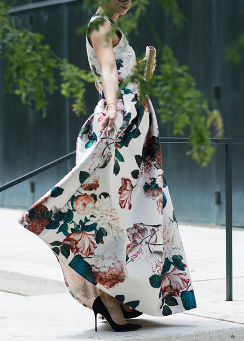 Stylish White V Neck Print Wrinkled Cotton Long Dresses Sleeveless