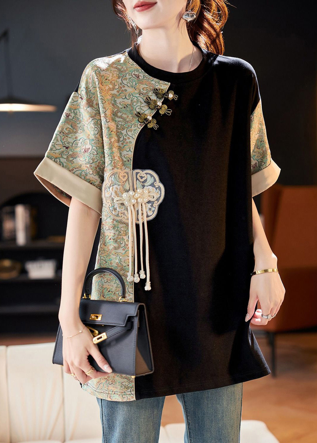 Beige O-neck Print Tassel Button Shirts Short Sleeve