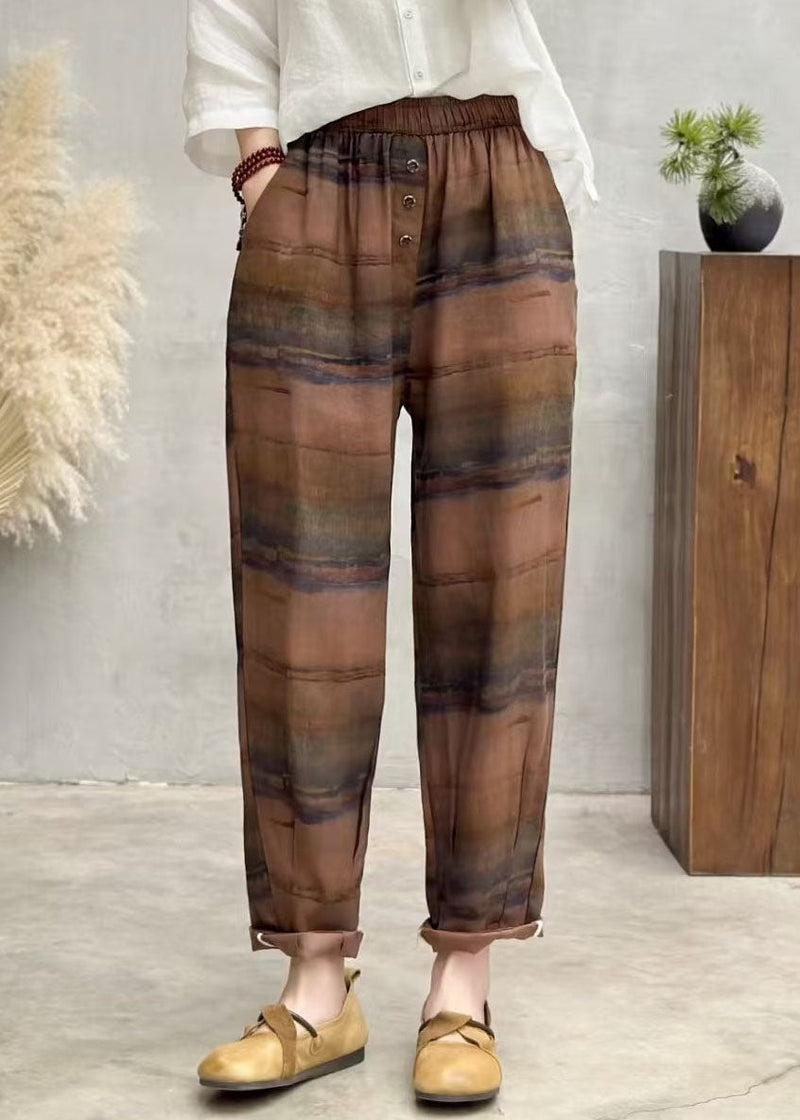 Brown Oversized Print Linen Harem Pants Summer