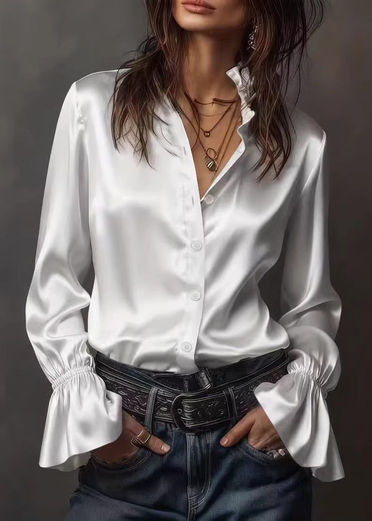 Champagne V Neck Silk Top Flare Sleeve