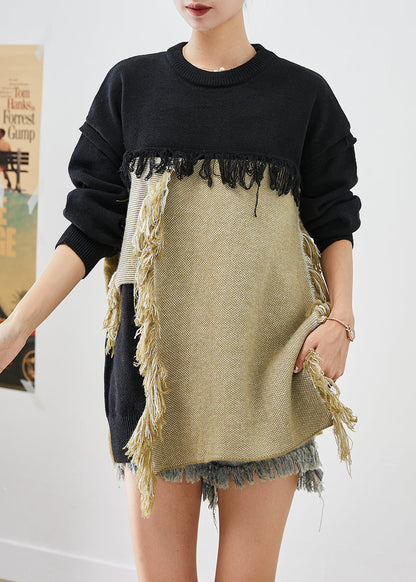 Black Asymmetrical Patchwork Tasseled Knitted Tops Winter