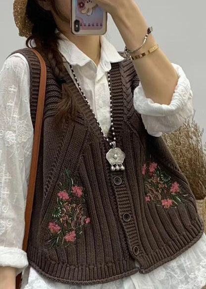 Green V Neck Embroidered Knit Vest Fall