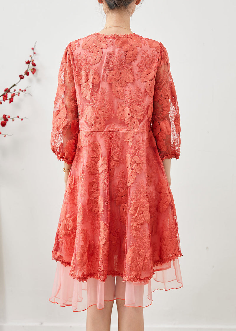 Orange Embroidered Tulle Vacation Dress Bracelet Sleeve