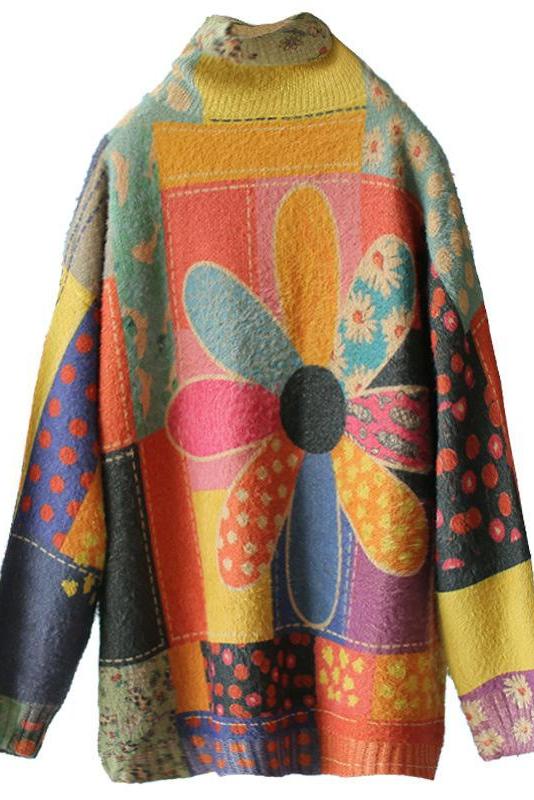 Color Contrast Flower Turtleneck Sweater