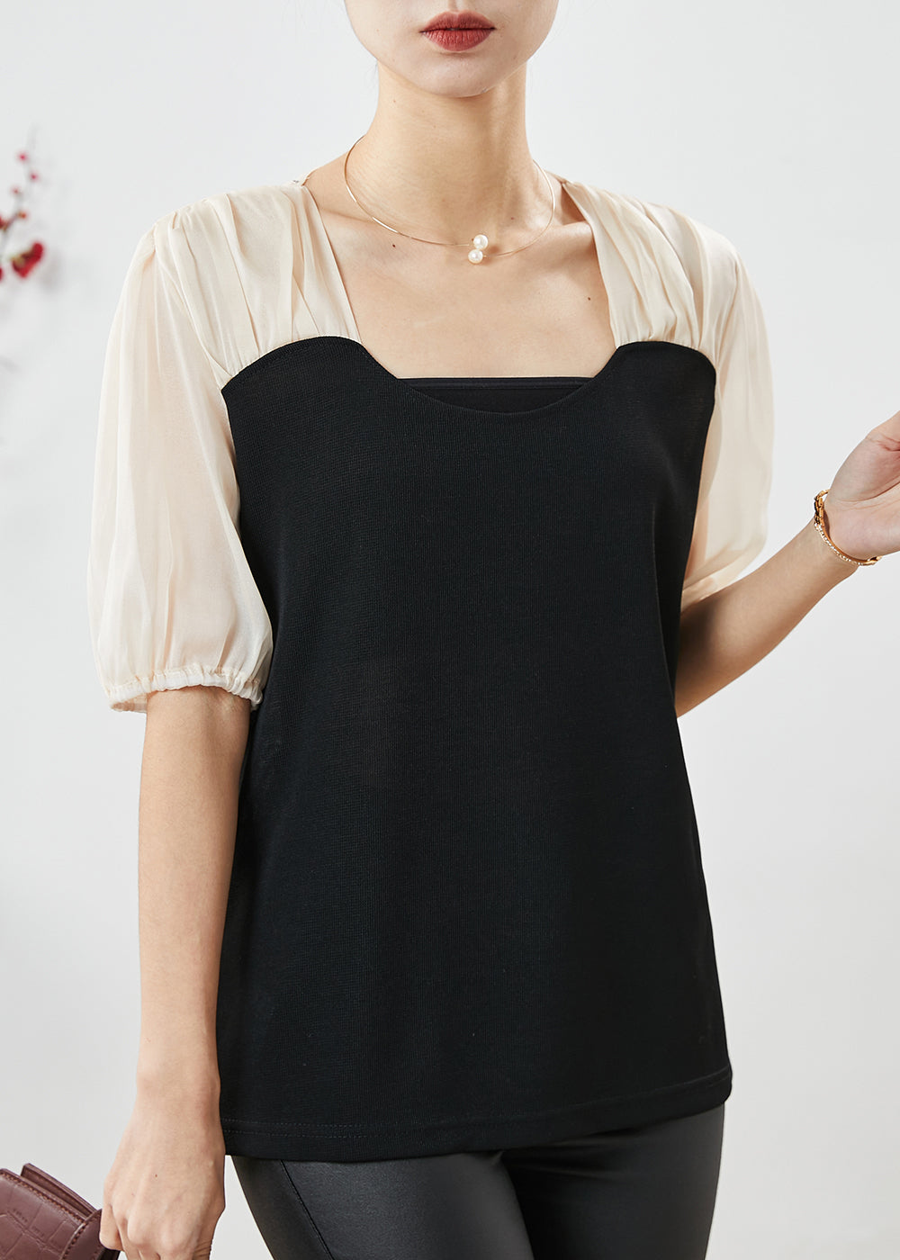 Fine Black Square Collar Patchwork Spandex Shirt Summer