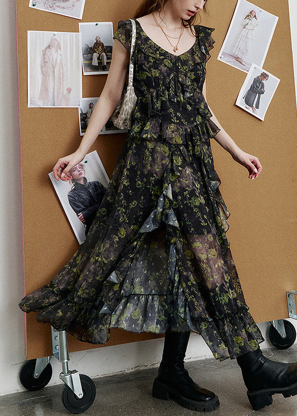 New Green Print Side Open Chiffon Long Dresses Summer