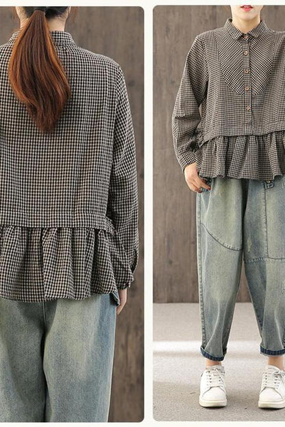 Limited Stock- Loose Plaid Ruffle Splicing Cotton Linen Shirt