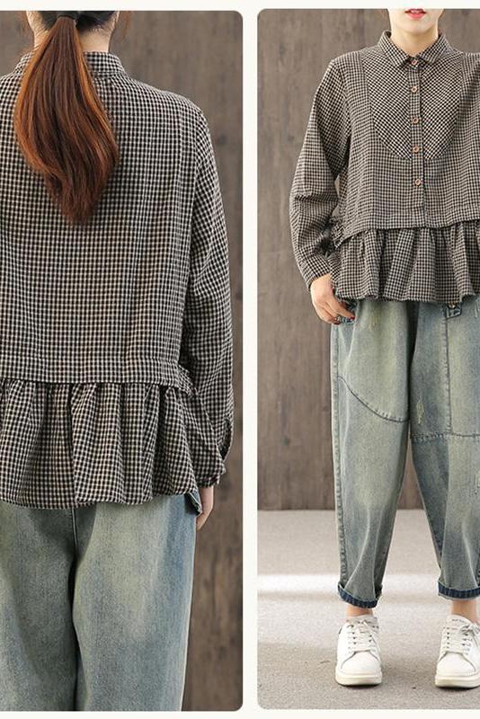 Limited Stock- Loose Plaid Ruffle Splicing Cotton Linen Shirt