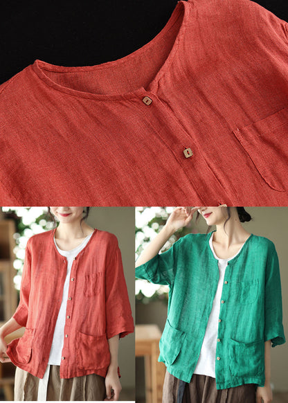 Green Pockets Linen Cardigan O-neck Button Half Sleeve