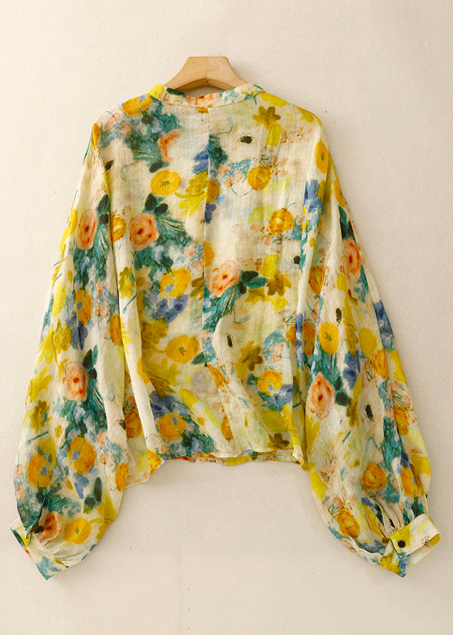 Yellow Button Print Linen Shirt Lantern Sleeve