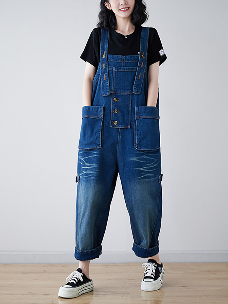 Spliced Washed Denim Loose Jumpsuits