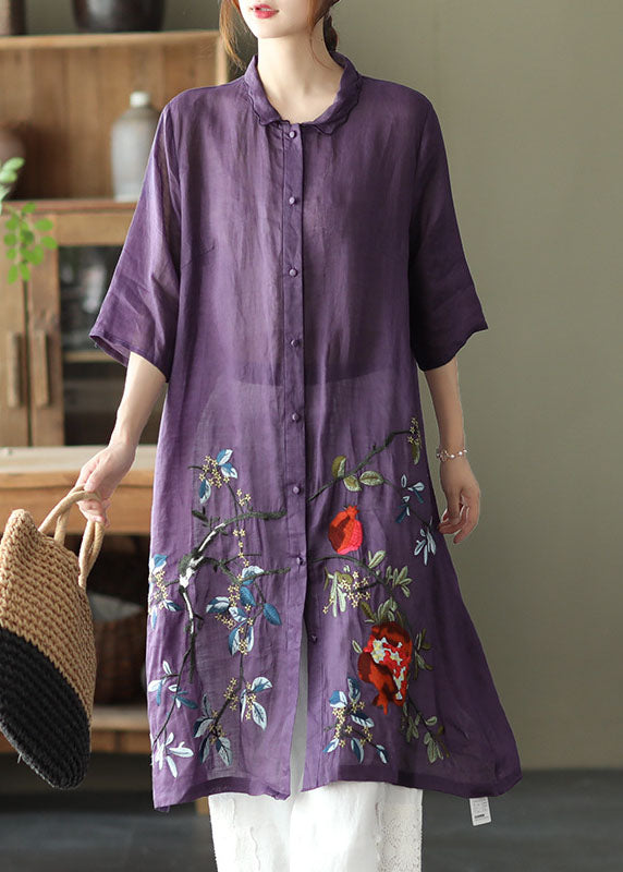 Purple Button Embroidered Fall Shirt Half Sleeve