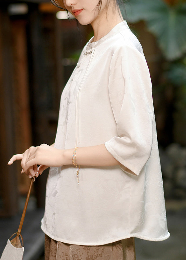 Loose Beige Stand Collar Tassel Jacquard Silk Shirt Summer
