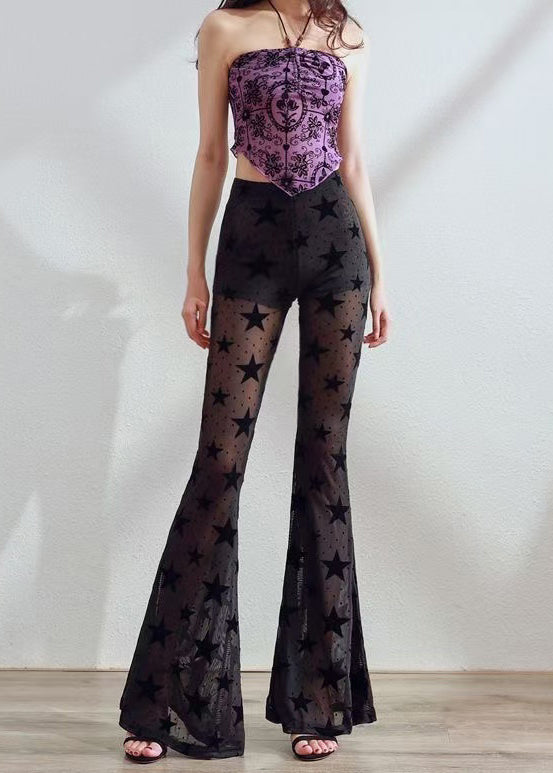 Boutique Black Star Print Hollow Out Tulle Flare Bottoms Pants Fall