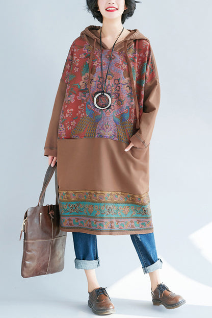 - Printed Hooded Sweater Knitted Denim Dress