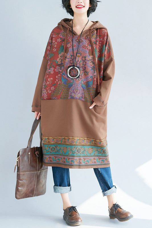 - Printed Hooded Sweater Knitted Denim Dress