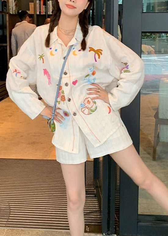 New White Embroidered Tops and Shorts Linen Two Piece Suit Set Summer
