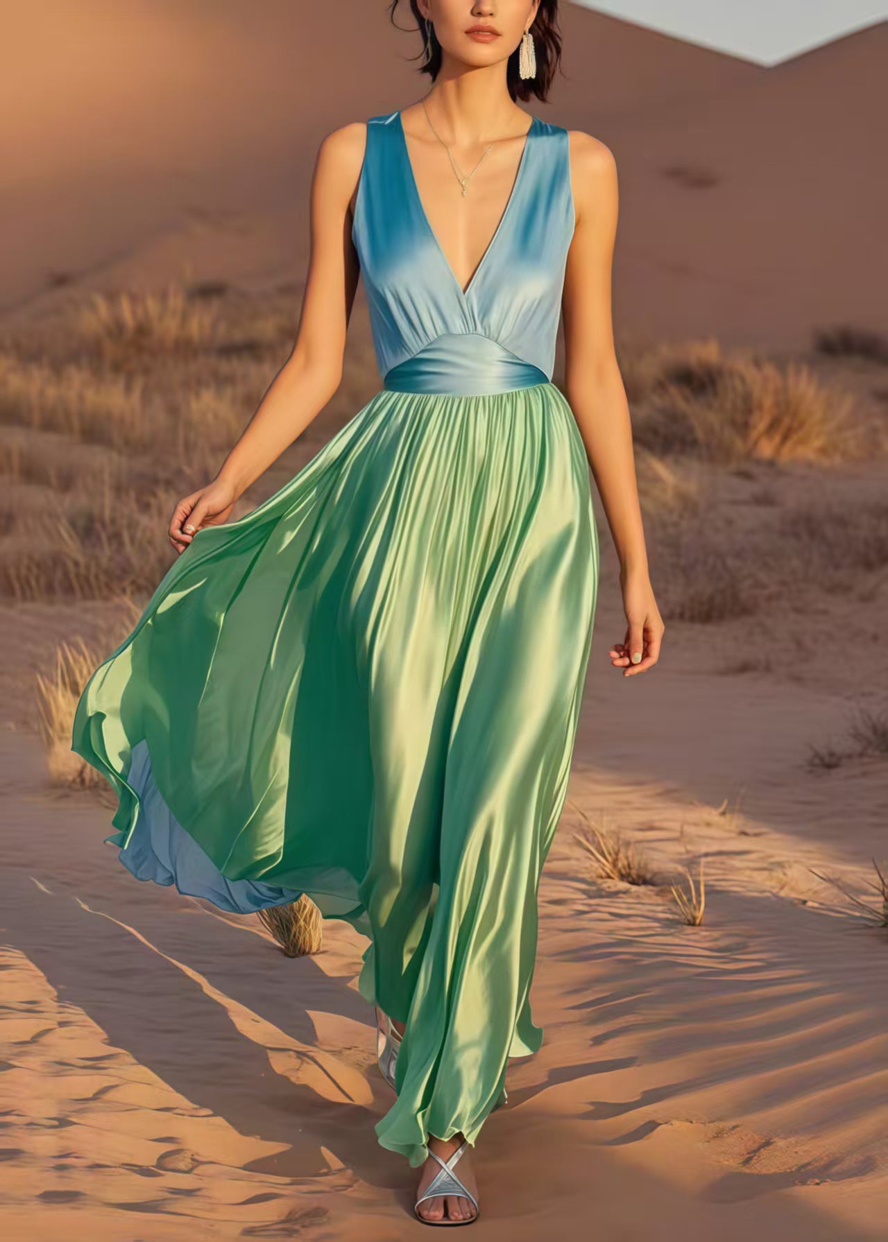 Colorblock V Neck Patchwork Draping Silk Maxi Dress Summer