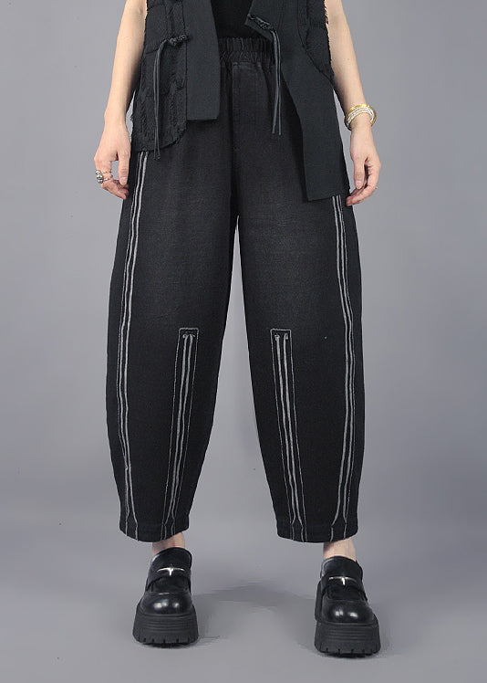 Classy Black Oversized Striped Cotton Harem Pants Spring