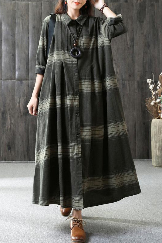 - Linen Plaid Dress Loose Long Sleeve Dress