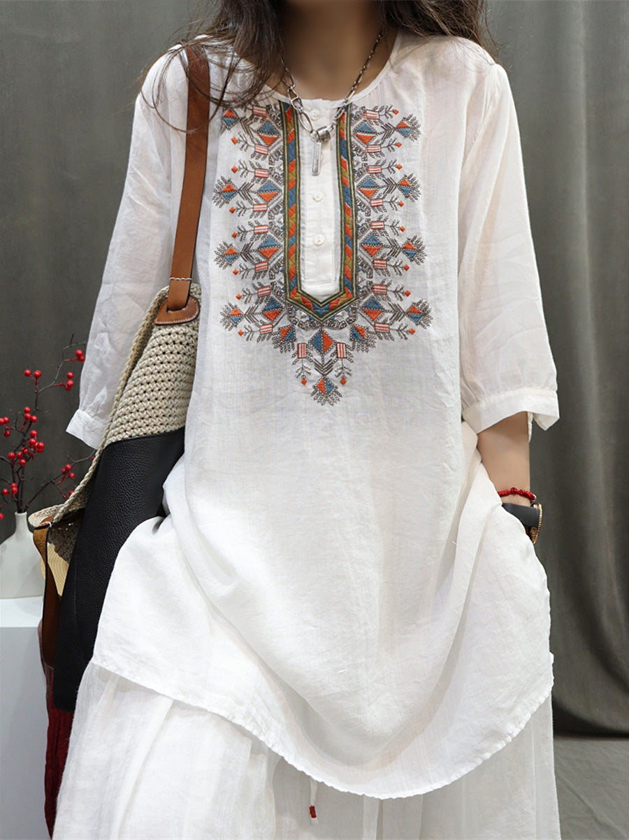 Summer Retro Embroidery O-neck Ramie Shirt