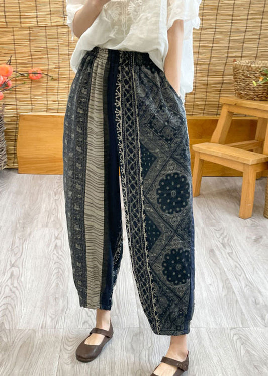 Black Oversized Print Linen Harem Pants Spring