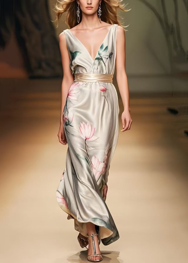 Apricot Cinched Print Silk Party Dress Summer