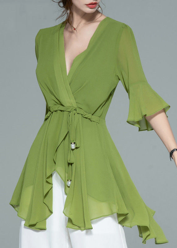 Green Asymmetrical Lace Up Chiffon Shirt Half Sleeve