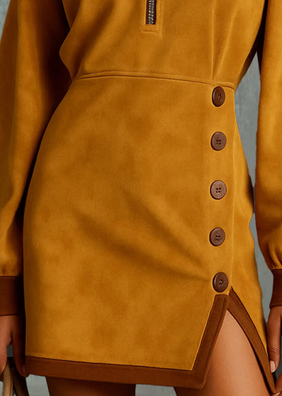New Yellow High Neck Zip Up Patchwork Cotton Mini Dress Fall