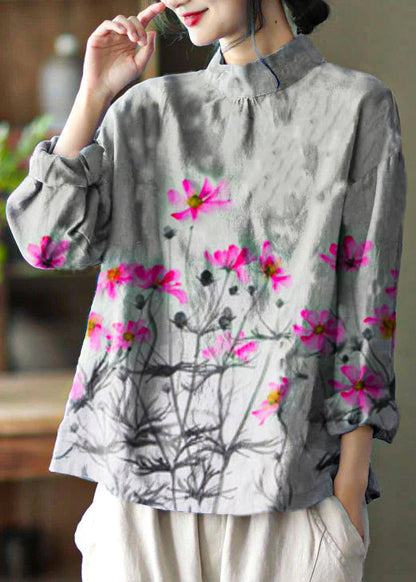 Stylish Gray Flower Embroidered Retro Linen Blouse Tops Spring