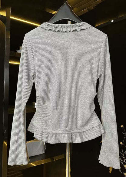 Grey V Neck Ruffled Butterfly Cotton T Shirts Spring