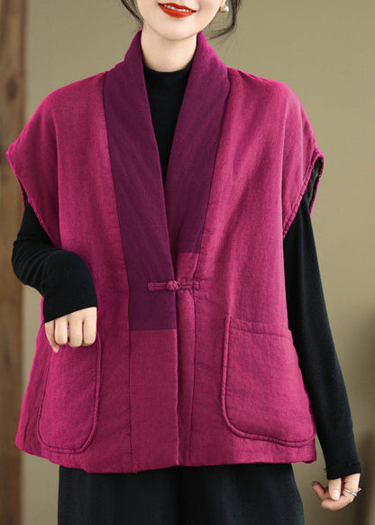 Rose V Neck Pockets Patchwork Fine Cotton Filled Vest Sleeveless